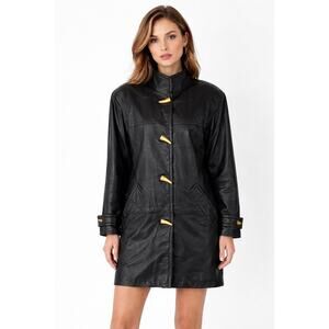 1990s Worthington Black Nappa Leather Toggle Coat size Medium